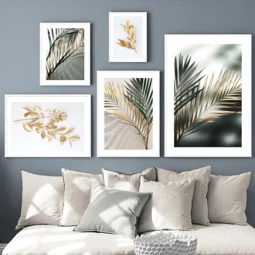 Wall Art Canvas Painting Abstract Monstera Golden Palm Leaf Plant Nordic Posters And Prints Wall Pictures For Living Room Decor