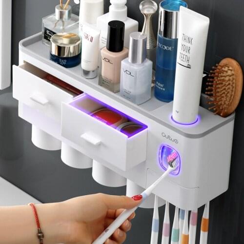 Wall Mounted Toothbrush Holder Automatic Toothpaste Dispenser Bathroom Drawers Cosmetic Organizer Set with Magnetic Cup Tools