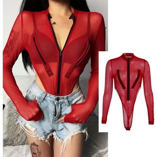 New Female Singer Stage Performance Red Jumpsuit Nightclub Sexy See Through Long Sleeve Bodysuit DJDS Rave Outfits VO951