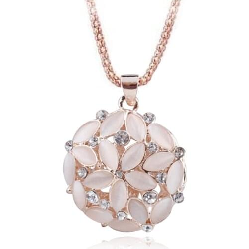 FYSL Light Yellow Gold Color Flower Cat Eye Stone Pendant Link Chain Necklace with Rhinestone Trendy Jewelry