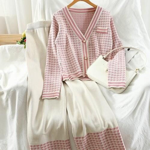 Casual Womens Two Piece Set Autumn Pink Black V-neck Houndstooth Plaid Cardigan And High Waist Pants Female 2pcs Sets Suit 2021