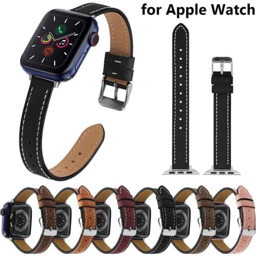 Man Woman Slim Band for Apple Watch SE 42mm 44mm Genuine Leather Strap for iWatch Series 6 5 4 3 2 1 38mm 40mm Bracelet Black