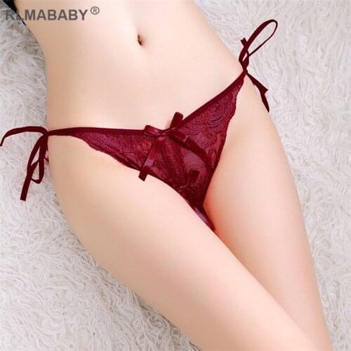 Sexy Transparent Bandage Bow Women Underwear Panties Slim Low Waist Crotch Open Lace G-String Fashion Temptation Lingerie Thong