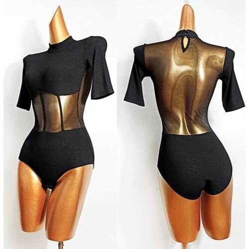 Sexy Latin Dance Tops Women Mesh Backless Black One Piece Latin Performance Wear Gymnastics Ballet Dance Leotards Adult VDB2787