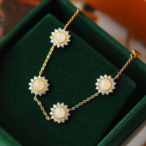 Silver Inlaid Natural Hetian Chalcedony Daisy Sun Flower Bracelet Elegant Fresh Glamour Shape Ladies Brand Jewelry