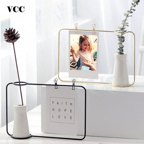 Nordic Wrought Iron Bracket Photo Frame Creative Flower Vase Golden Black Decoration Picture Frame Tabletop Decor