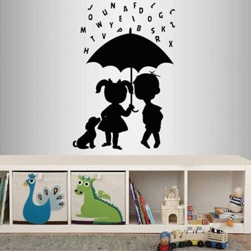 Wall Vinyl Decal Cute Kids Boy Girl Umbrella Alphabet Rain Puppy Nursery Bedroom Playroom Home Decor Waterproof Sticker S562
