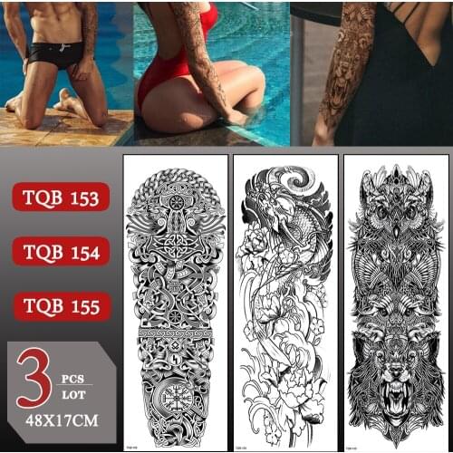 3 pcs/lot Full Arm Fake Tattoos For Men Women 3D Waterproof Temporary Tattoo Sticker Large Arm Sleeve Skull Rose Arm Sticker