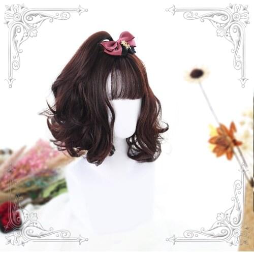 High Quality Lolita Deep Maroon Air Bangs Female Loveliness Short Curly Hair Wig Cosplay Party