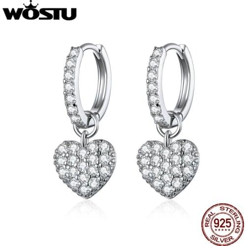 WOSTU Genuine 925 Sterling Silver Unique Heart Drop Earrings For Women Brilliant Zirconia BNngles Earrings Lover Jewelry BKE821