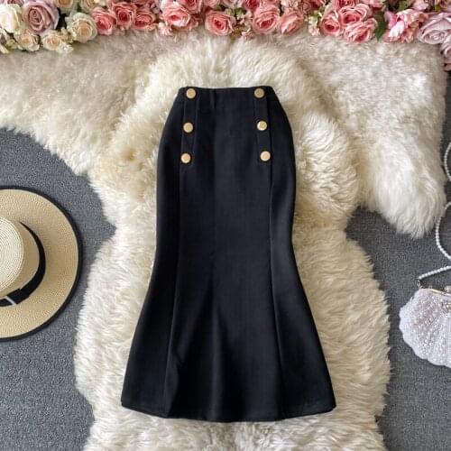 Vintage Office Lady Slim Bandage Women Skirts Vintage Button Female Trumpet Skirt Sexy Mermaid Faldas Mujer
