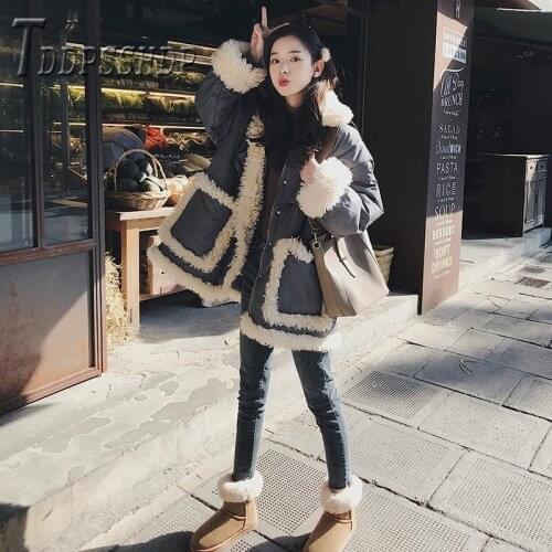 2019 Chic Imitation Lambswool Thick Warm Loose Parkas Patchwork Big Pocket Female Padded Parka Womens Overcoat