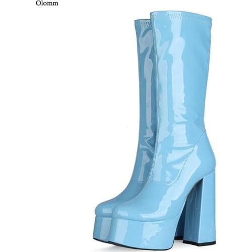 Olomm Handmade Women Winter Mid Calf Boots Patent Hoof Heel Round Toe Black Yellow Fuchsia Beige Party Shoes Women US Size 5-13