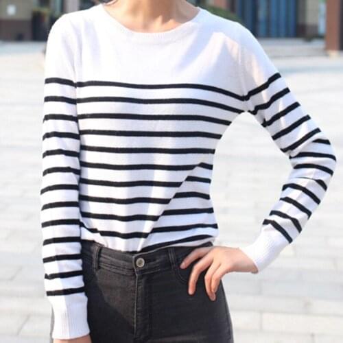 Womens Female Black White Striped Sweater Classic Simplicity Round Neck Pullover Long Sleeve Sweater 2020 Selling All-Match Top