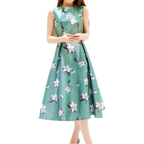 Women Elegant fashion Floral Print Midi Dress Summer Temperament Sleeveless Draped Dresses Ladies Charming A-LINE O-Neck Robe