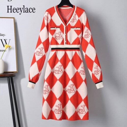 Fall Winter New Thick Sweater Dresses Women Temperament V-neck Long Sleeve Slim Rhombus Diamond pattern contrast Knitted Dress