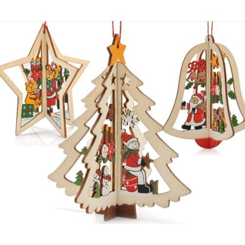 1PC 3D Christmas Ornament Wooden Snowman Christmas Tree Hanging Pendants Bell Christmas Decorations Baby Rattle