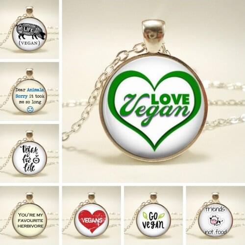 2019 Hot Sale Vegetarian Necklace Herbivore I Love Vegan Picture Necklace Time Gem Glass Necklace Gift for Vegetarian People