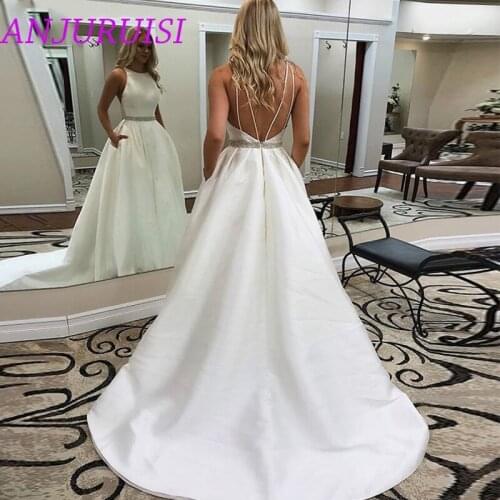 ANJURUISI Simple Fashion Satin A Line Wedding Dresses 2020 Backless Beaded Sashes With Pockets Sexy Bridal Gowns robe de mariee