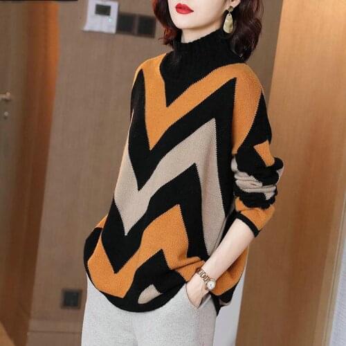 Womens Plus Size Knit Sweaters 2020 Winter Fashion Knitted Woollen Splicing Turtleneck Jumper Loose Lazy Jerseys Sweater Woman