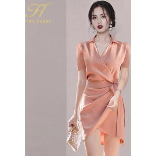 H Han Queen Elegant Lace-Up Pencil Dress Women 2021 Summer Slim Short sleeve Sheath Bodycon Dresses OL Office Wear Shirt Vestido