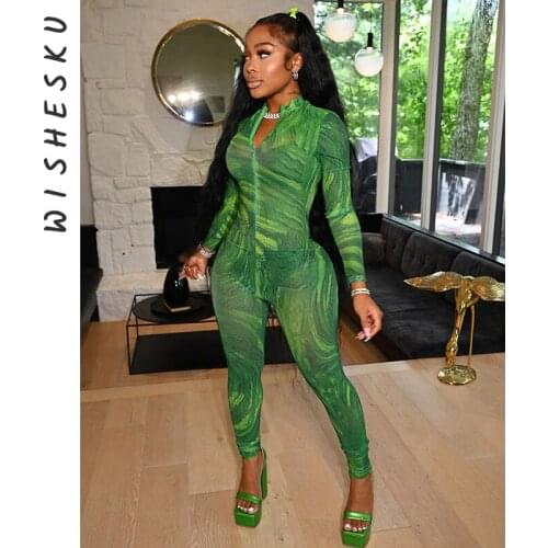 Printed Long Sleeve Elegant Jumpsuits Casual Workout Overalls Sportwear Female Zipper One Piece Skinny Playsuits 2021 Autumn