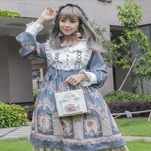 Gothic japanese sweet lolita dress vintage lace bandage printing high waist victorian dress kawaii girl gothic lolita op cosplay