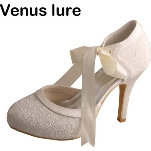 Lace Ivory Mary Jane Heels with Platform Round Toe Ladies Bride Shoes