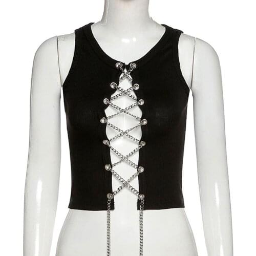 Summer Mall Goth Metal Chain Sleeveless Crop Tank Sexy Clubwear Women Adjustable Lace Up Hollow Out Tank Tops Tees Camisole