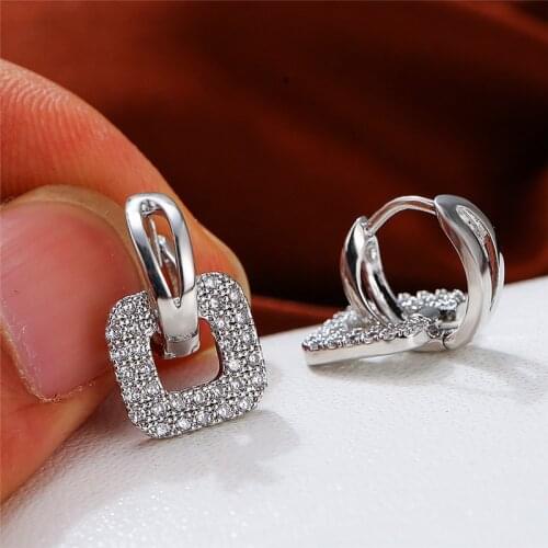 Cute Female White Crystal Stone Earrings Vintage Rose Gold Clip Earrings For Women Bridal Square Wedding Earrings