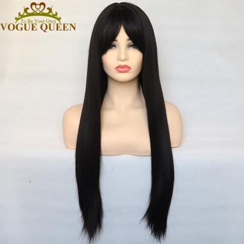 Vogue Queen Natural Black Synthetic Silky Straight With Bangs Full Machine Made Wig Heat Resistant Fiber For Women
