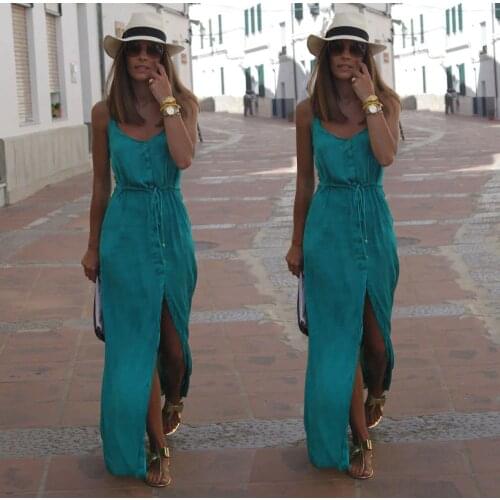 Summer Sexy Women Sleeveless Spaghetti Strappy Long Maxi Dress Elegant Ladies Green V-Neck Front Wrap Beach Dresses
