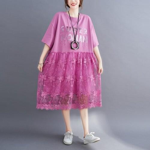 Plus Size Women Dress Lace Patchwork Loose Boho Beach Solid Casual O-Neck Letter Short Sleeve Maxi Dresses Oversize Vestido W428