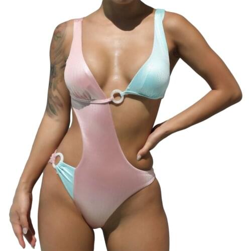 Sexy Hollow Out Womens Swimsuit Color Block Shiny Monkini Bikini Swimwear Ladies Bodysuit Summer Bathing Suit Beachwear