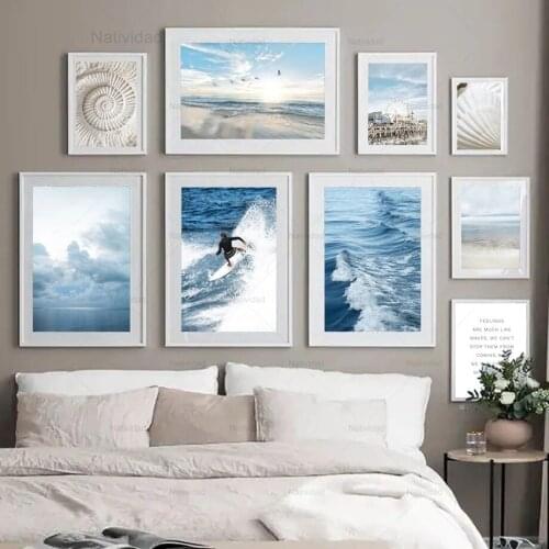 Nordic Canvas Painting Blue Sea Wave Wall Art Posters and Prints Beach Ferris Wheel Shell Wall Pictures Living Room Home Decor