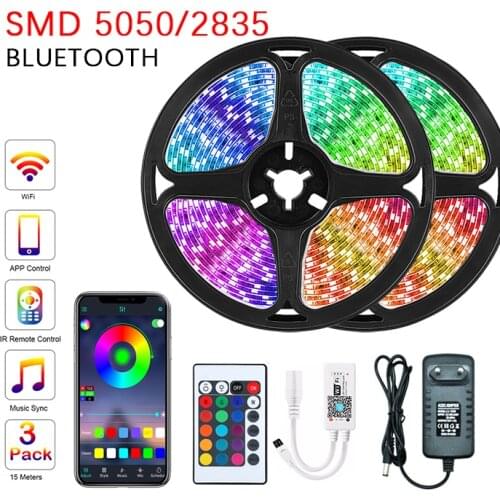 LED Strips Lights 10M 15M Bluetooth Luces Led RGB 5050 SMD 2835 Flexible Waterproof Tape Diode 5M DC 12V Remote Control+Adapter
