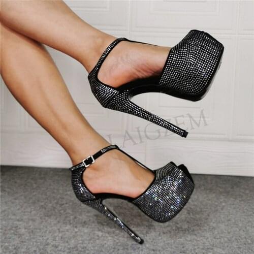 SEIIHEM Studded Women Platform Pumps Peep Toe High Heels Sandals T Straps Party Prom Shoes Woman Female Big Size 43 44 46 52
