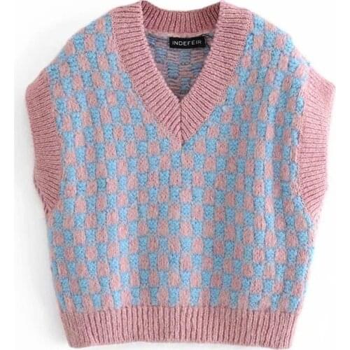 Spring Autumn Knit Sweater Vest Womens V-Neck Sleeveless Pullover Casual Plaid Oversized Knitted Vest Female