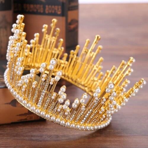 Vintage Wedding Crown Pearl Rhinestone Gold Crown Bridal Headdress King Crown Wedding Prom Hair Accessories Jewelry Accessories