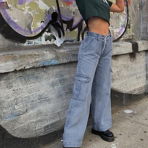 High Waist Jeans Pockets Patchwork Women Streetwear Straight Jean Femme Blue 100% Cotton Cargo Pants