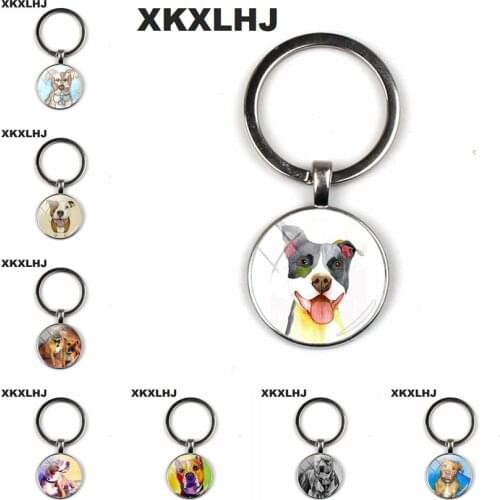 XKXLHJ 2018 Fashion Pit Bulldog Key Ring Pitbull Key Chain Glass Dome Key Chain Round Handmade Lady Keychain