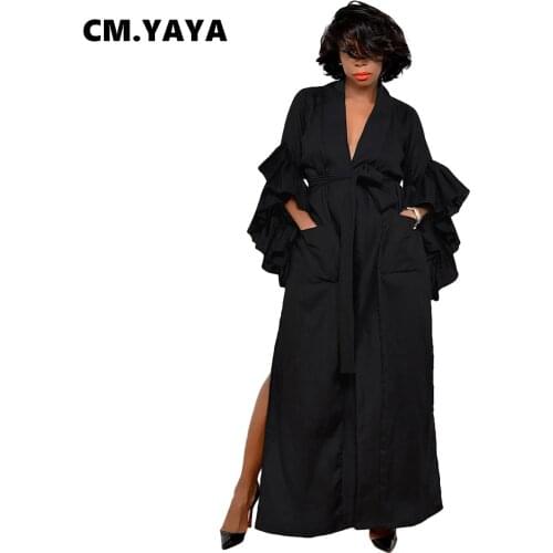 CM.YAYA Women Long Dress Solid Full Sleeve Ruffles Bandage Sashes Loose Long Split Maxi Dresses with Pocket Fashion Oufit Summer