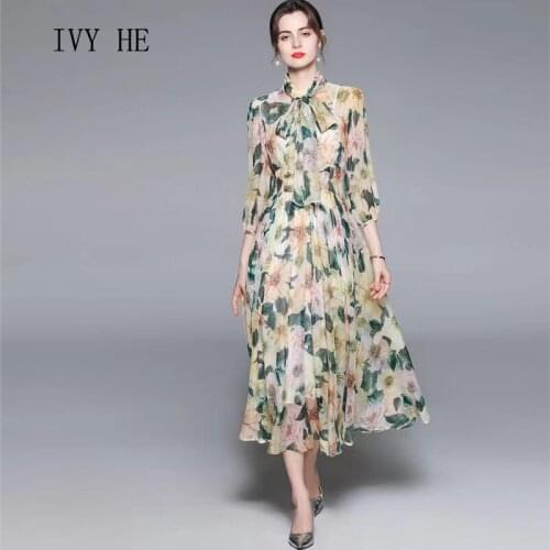IVY HE Europe Station Womens 2021 New Yellow Camellia Collar Tie Flower Print Mid Length Slim Dresses Summer Womens Dress 202