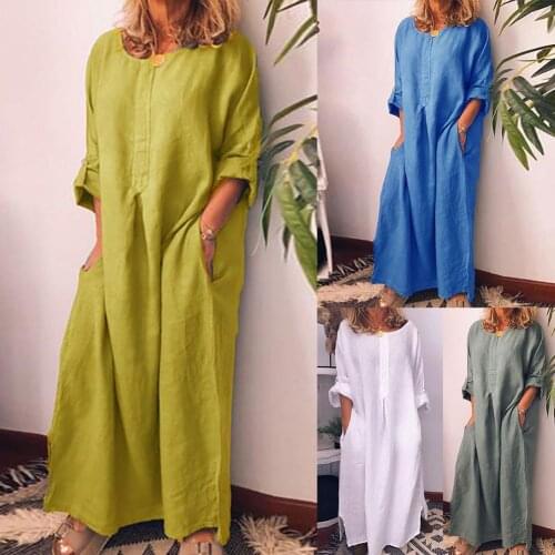 Women Vintage Solid Color Dress Long Sleeve O Neck Pockets Maxi Dress Tunic Kaftan Summer Loose Dress