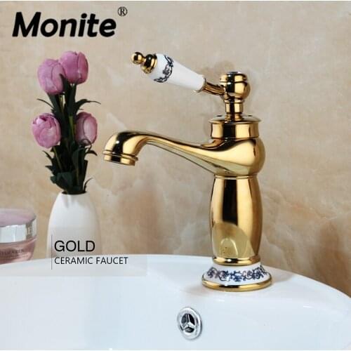 Monite Golden Polished Deck Mount Gold Bathroom Vanity Vessel Sinks Mixer Tap Cold Hot Water Tap Faucet Mixer Taps