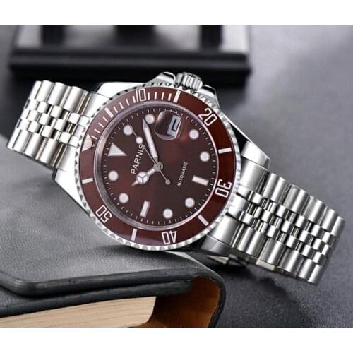 40mm PARNIS Sapphire Crystal 21 jewels Automatic machinery movement luminous mens watches coffee color bezel G118-20