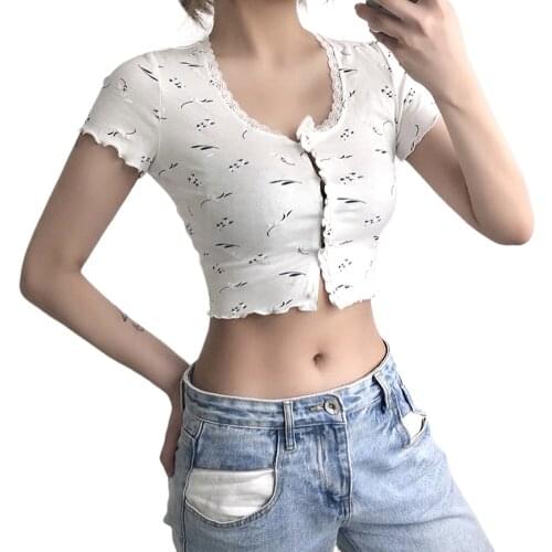 White Short Sleeve Round Neck Crimp T-shirt Summer Single-breasted Puffles Clothes Women Printed Crop Tops