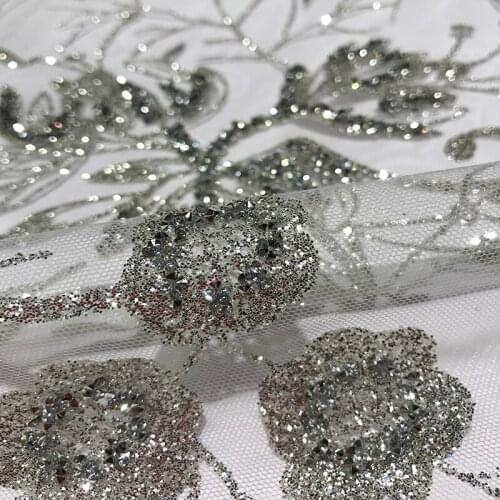 African Net Lace White French Silver Sequin Mesh Fabric with Stones Flowers Luxury Design Tulle Textiles for Women Party Dress