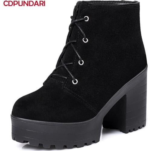 Black Genuine Leather Ankle Boots Women High Heels Platform Chunky Boots Ladies Autumn Winter Short Boots Shoes Bottine Femme