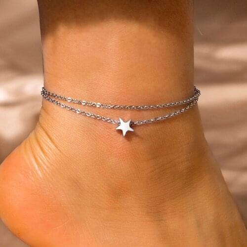 Boho Star Heart Mermaid Anklet Silver Color Stainless Steel Layered Chain Ankle Bracelet For Women Girls Summer Beach Jewelry